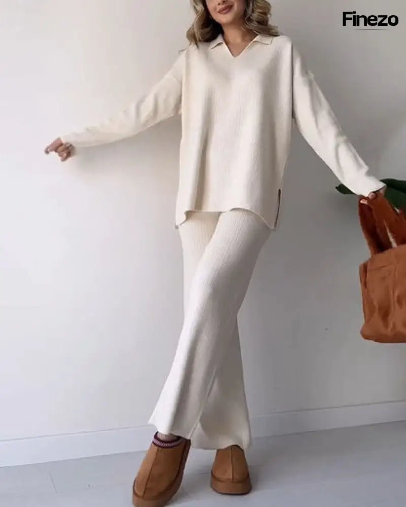 Elara™ | V - Ausschnitt Freizeit Spalten Strick Zweiteiliges Set | 50% RABATT - Finezo.de