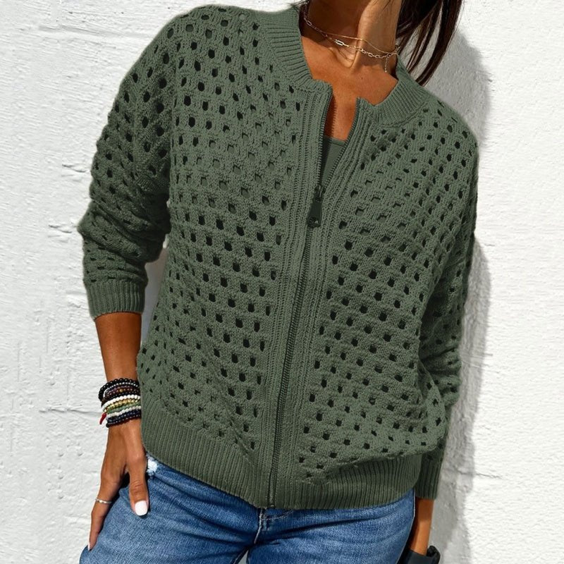 Amelie™ | Gestrickte Damenjacke mit Reißverschluss und Ausschnitten - 50% RABATT - Finezo.de