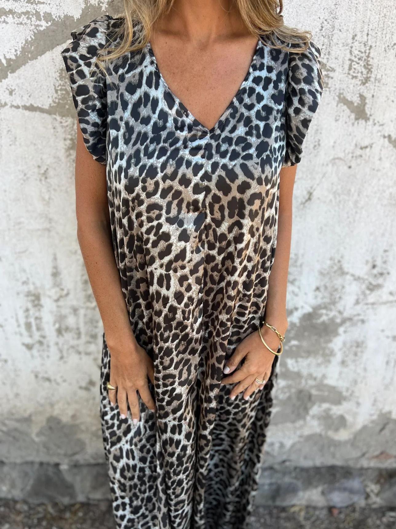 Amara™ | Maxikleid mit Leopardenmuster und V - Ausschnitt mit Vordertaschen | 50% RABATT - Finezo.de