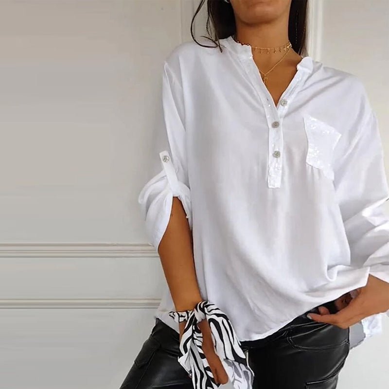 Aria™ | Baumwollbluse mit V - Ausschnitt und Pailletten - Finezo.de