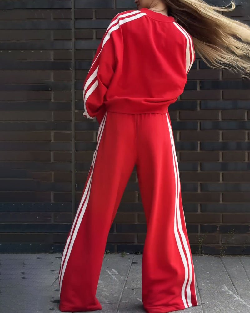 Julia™ | Lässiges V - Ausschnitt gestreiftes Sweat Shirt & weite Beinkleid Zwei - Teile Set - Finezo.de