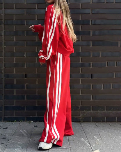 Julia™ | Lässiges V - Ausschnitt gestreiftes Sweat Shirt & weite Beinkleid Zwei - Teile Set - Finezo.de