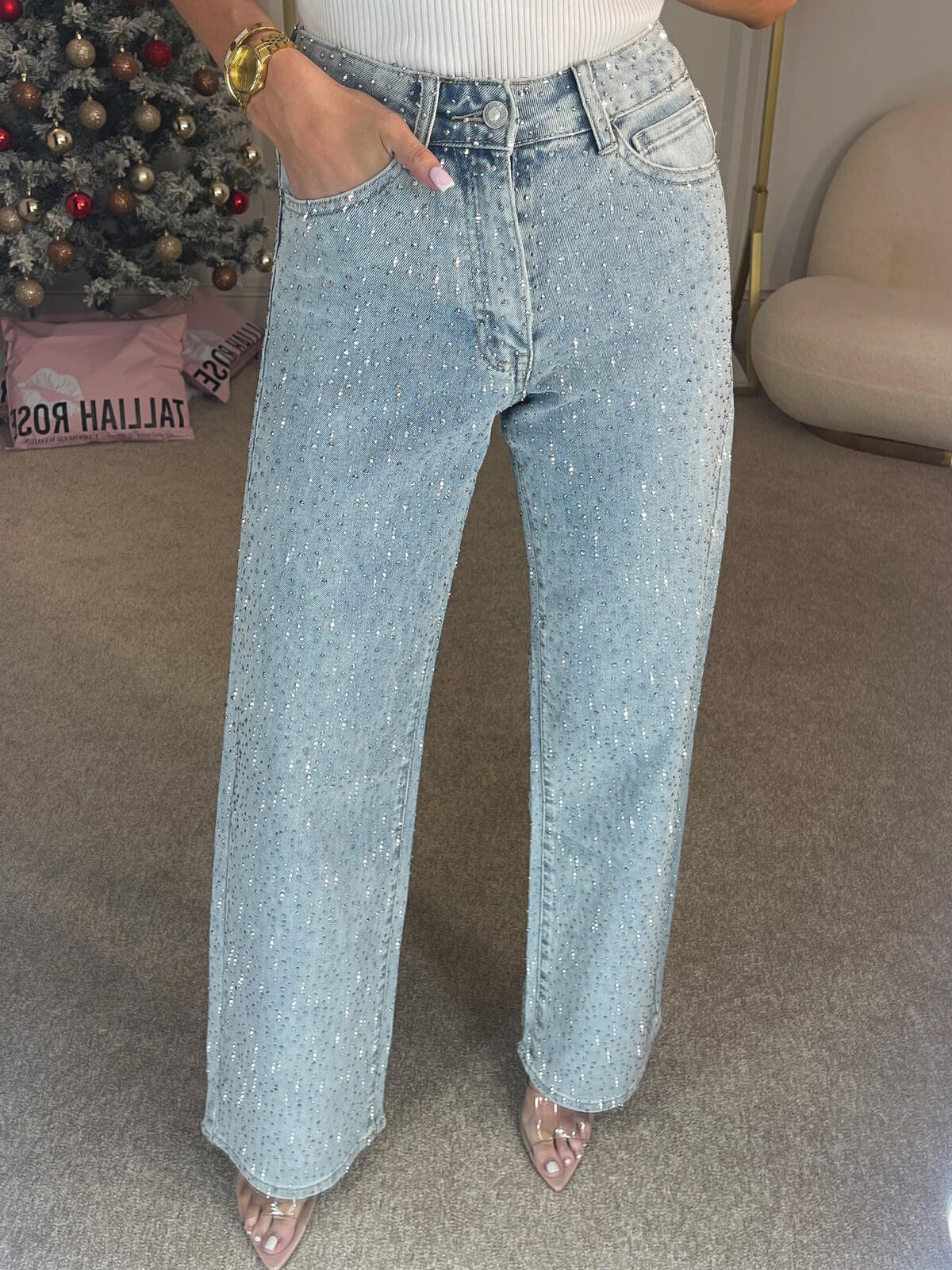 Lola | Hoge Taille Diamanté Rechte Jeans - Finezo.de