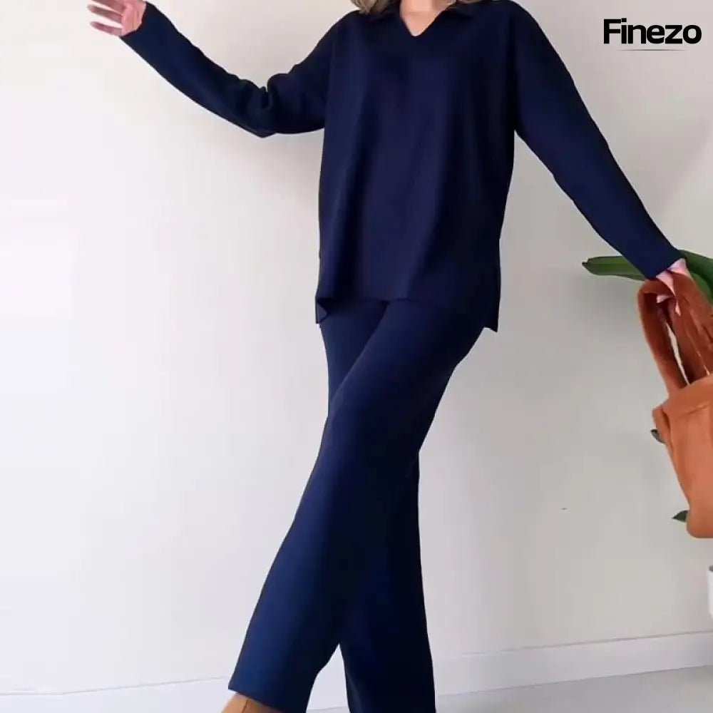 Elara™ | V - Ausschnitt Freizeit Spalten Strick Zweiteiliges Set | 50% RABATT - Finezo.de