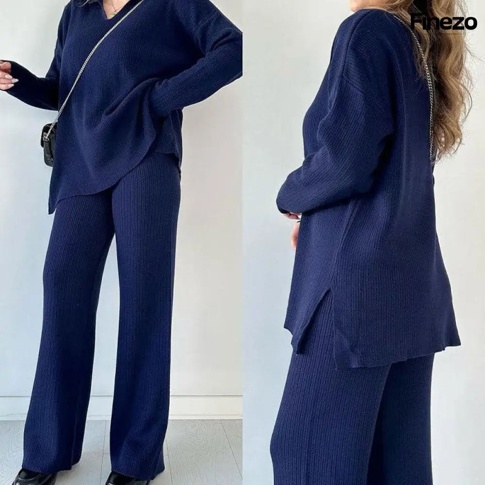 Elara™ | V - Ausschnitt Freizeit Spalten Strick Zweiteiliges Set | 50% RABATT - Finezo.de