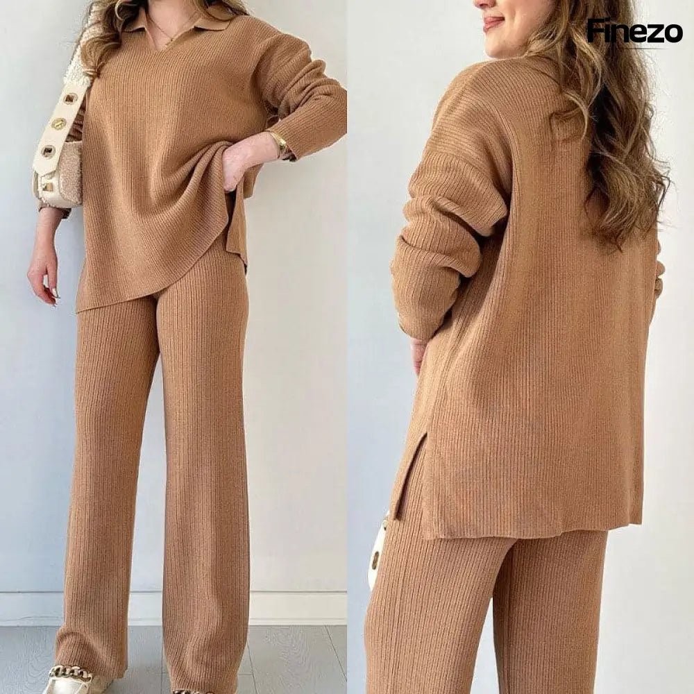 Elara™ | V - Ausschnitt Freizeit Spalten Strick Zweiteiliges Set | 50% RABATT - Finezo.de