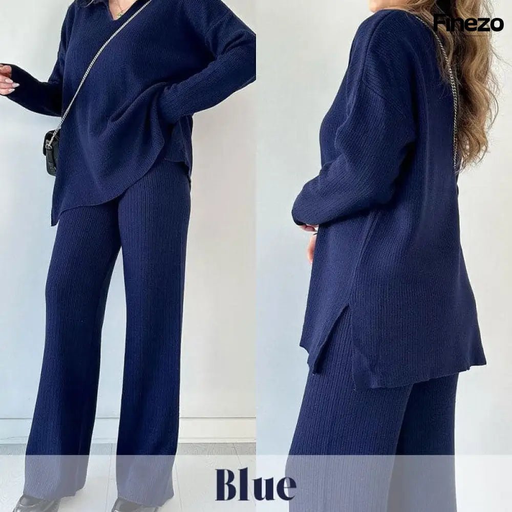 Elara™ | V - Ausschnitt Freizeit Spalten Strick Zweiteiliges Set | 50% RABATT - Finezo.de