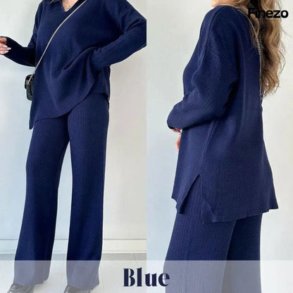 Elara™ | V - Ausschnitt Freizeit Spalten Strick Zweiteiliges Set | 50% RABATT - Finezo.de
