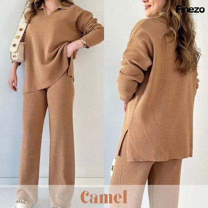 Elara™ | V - Ausschnitt Freizeit Spalten Strick Zweiteiliges Set | 50% RABATT - Finezo.de