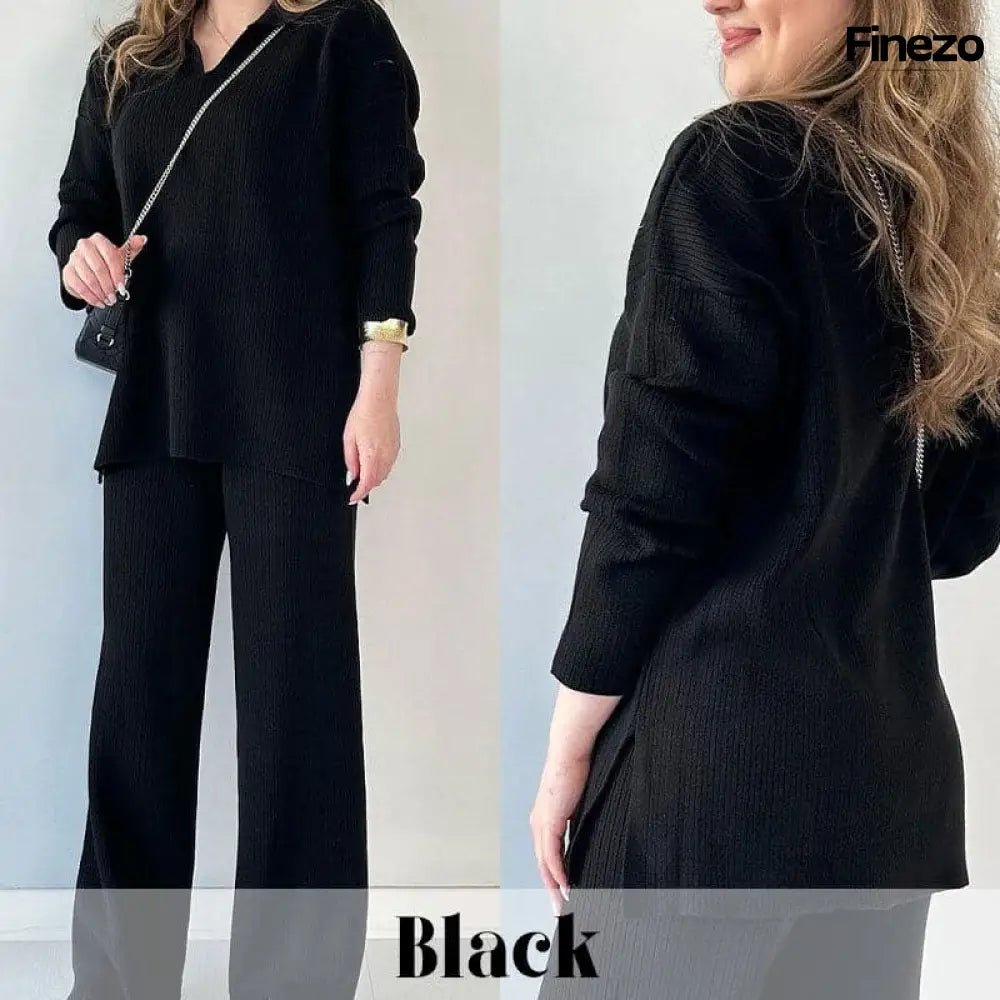 Elara™ | V - Ausschnitt Freizeit Spalten Strick Zweiteiliges Set | 50% RABATT - Finezo.de