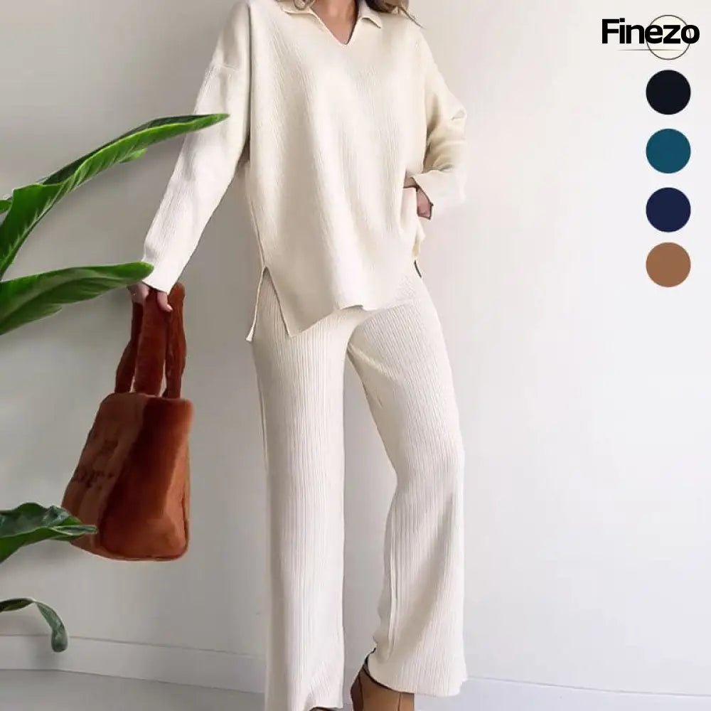 Elara™ | V - Ausschnitt Freizeit Spalten Strick Zweiteiliges Set | 50% RABATT - Finezo.de