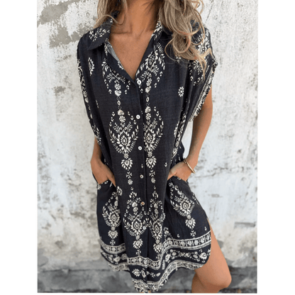Rosalie™ | Locker sitzende bedruckte Kleid mit kurzen Ärmeln und Taschen | 50% RABATT - Finezo.de